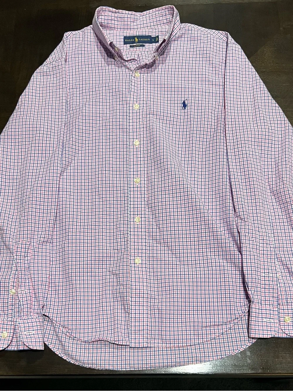 Ralph Lauren Slim Fit Men's L Pink Blue White Check Long Sleeve Woven Shirt